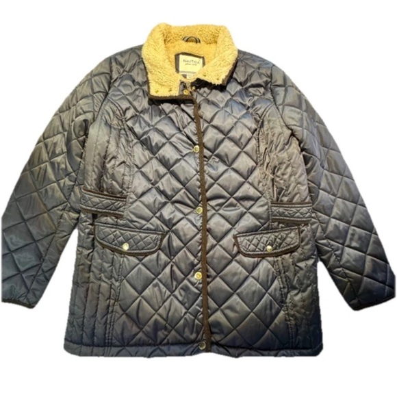 Nautica Jackets & Blazers - Nautica Womens XL Navy Blue Insulated Quilted Jacket Faux Fur Trim Jacket
